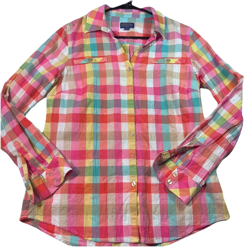 Pendleton‎ Women's Pink Blue Check Cotton Long Sleeve Button Front Shirt Size S